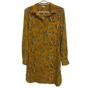 CAROLINA BELLE MUSTARD YELLOW WITH FLORAL DESIGN LONG SLEEVE MIDI DRESS/ Size M